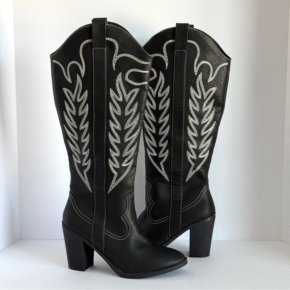 Mia Dakota Western Boots Black Faux Leather Cowgirl Knee High Boots Size 8